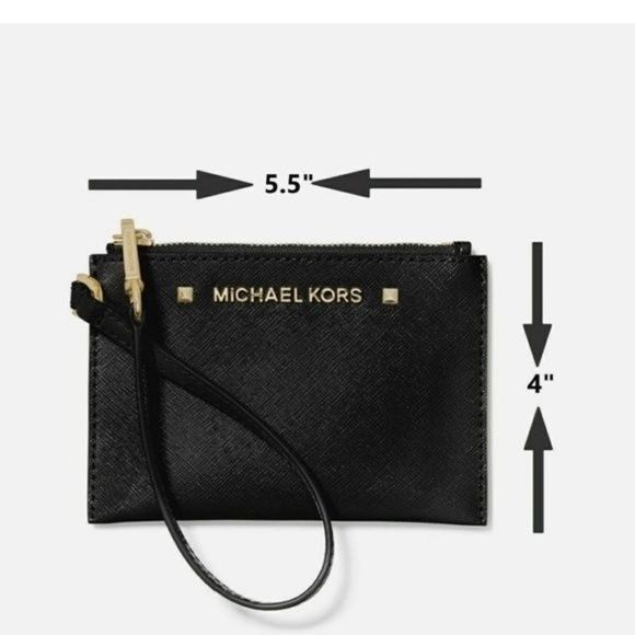 New! MICHAEL KORS Karla Black Leather Small Wristlet With Strap Zip-Top - Picture 2 of 7